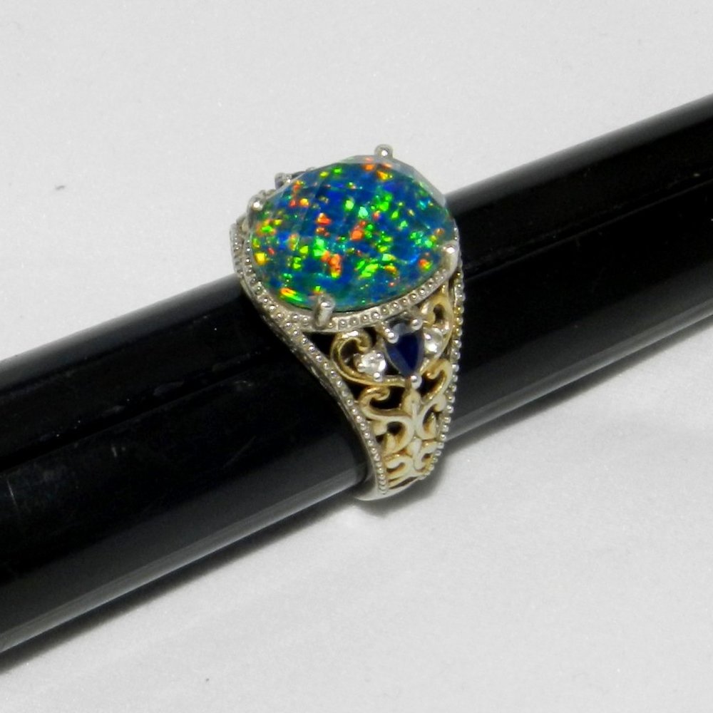 Vintage  Blue Fire Opal 925 Sterling Silver Ring Size 8.5 Women's - Picture 12 of 14